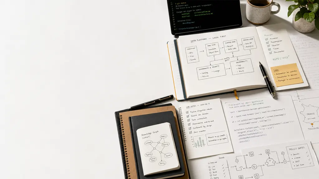 Bureau de recherche avec notes d'architecture, code et schémas techniques